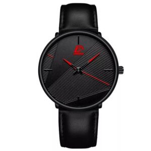Relógio Masculino Minimalista Esportivo Aço Inoxidável 40mm - Preto – Detalhes Vermelho com Pulseira de Couro