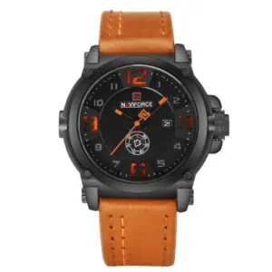 Relógio Masculino Militar Couro 45mm - Preto com Caramelo