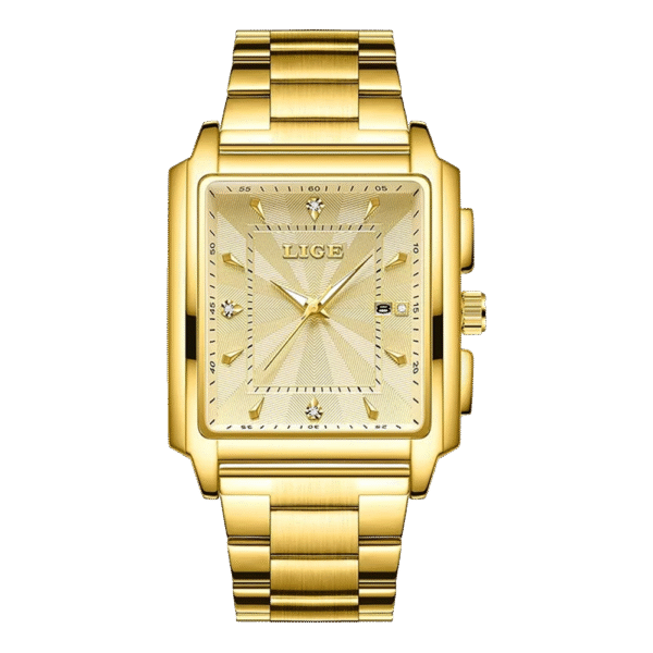 Relógio Masculino Tempuss Royale dourado com mostrador dourado. Estilo retangular sofisticado em aço inoxidável.