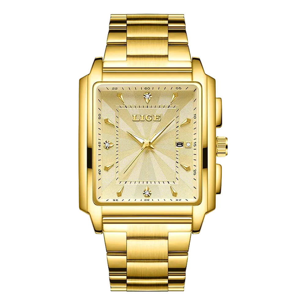 Relógio Masculino Tempuss Royale dourado com mostrador dourado. Estilo retangular sofisticado em aço inoxidável.