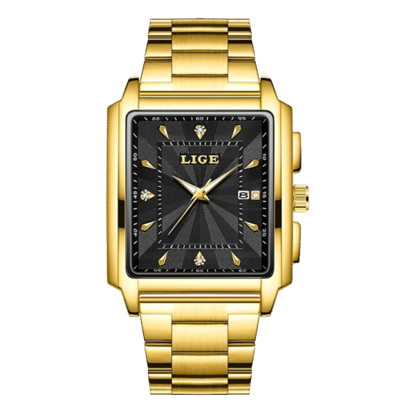 Relógio Masculino Tempuss Royale dourado com mostrador preto. Elegância clássica em caixa retangular.