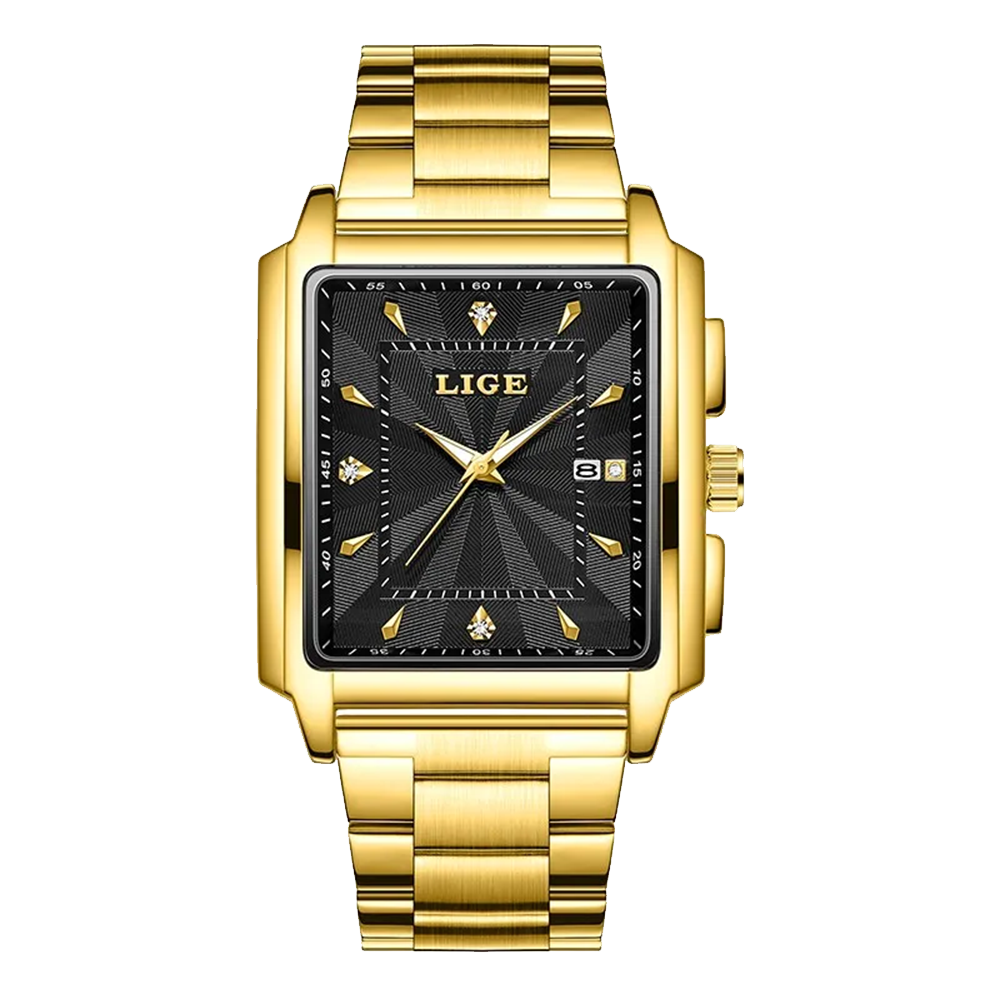Relógio Masculino Tempuss Royale dourado com mostrador preto. Elegância clássica em caixa retangular.