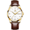 Relógio Masculino Tempuss Régent com mostrador branco e pulseira marrom de couro. Estilo limpo e clássico para uso executivo.