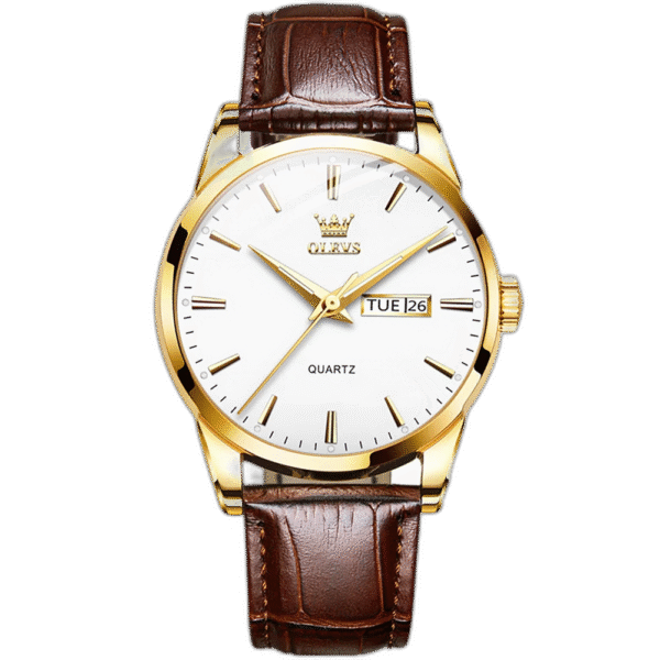 Relógio Masculino Tempuss Régent com mostrador branco e pulseira marrom de couro. Estilo limpo e clássico para uso executivo.