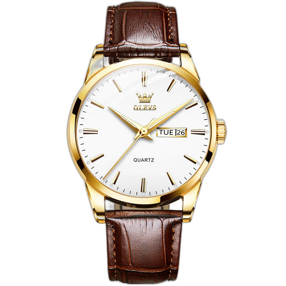 Relógio Masculino Tempuss Régent com mostrador branco e pulseira marrom de couro. Estilo limpo e clássico para uso executivo.
