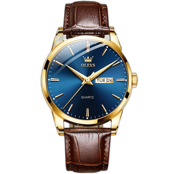 Relógio Masculino Tempuss Régent com mostrador azul e pulseira marrom de couro. Elegância refinada para o dia a dia.