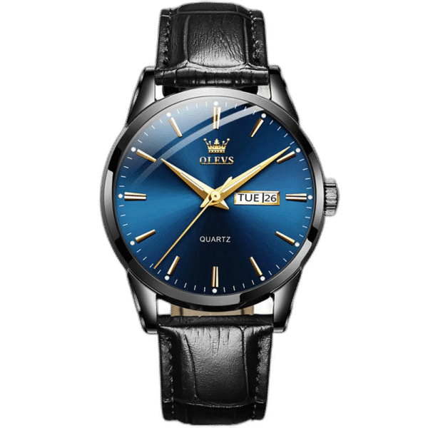 Relógio Masculino Tempuss Régent com mostrador azul e pulseira preta de couro. Estilo clássico e sofisticado com calendário.