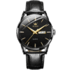 Relógio Masculino Tempuss Régent com mostrador preto e pulseira preta de couro. Estilo sóbrio com calendário de dia e data.