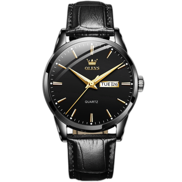 Relógio Masculino Tempuss Régent com mostrador preto e pulseira preta de couro. Estilo sóbrio com calendário de dia e data.