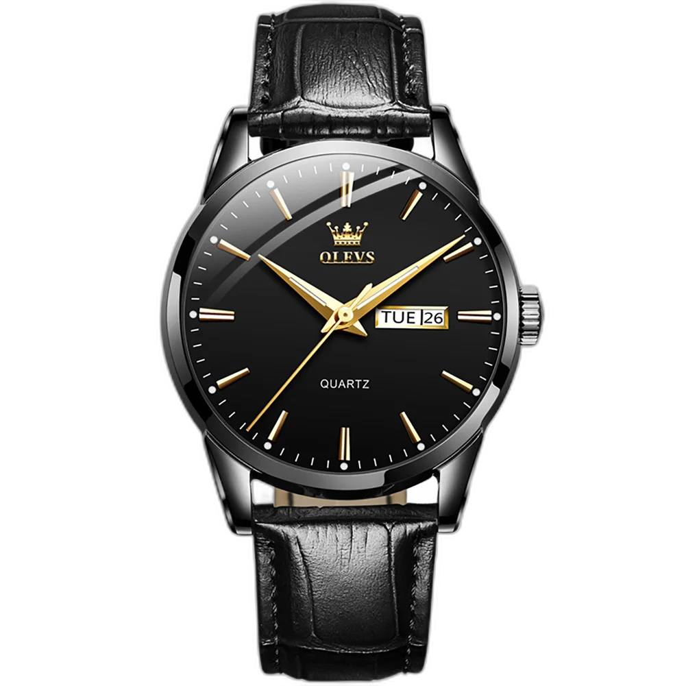 Relógio Masculino Tempuss Régent com mostrador preto e pulseira preta de couro. Estilo sóbrio com calendário de dia e data.