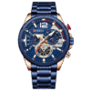 Relógio Masculino Tempuss Striker com pulseira azul metálica e mostrador azul com detalhes dourados. Design moderno e vibrante.
