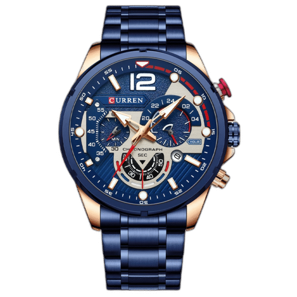 Relógio Masculino Tempuss Striker com pulseira azul metálica e mostrador azul com detalhes dourados. Design moderno e vibrante.