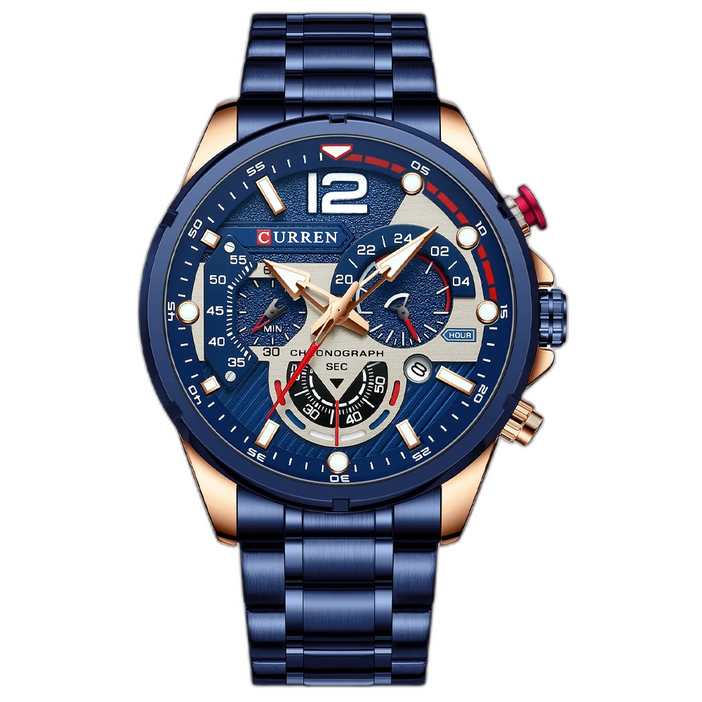 Relógio Masculino Tempuss Striker com pulseira azul metálica e mostrador azul com detalhes dourados. Design moderno e vibrante.