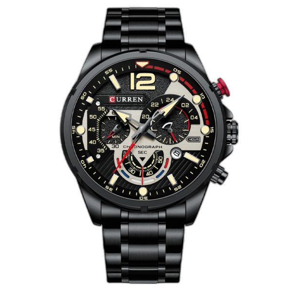 Relógio Masculino Tempuss Striker com pulseira de aço prata e mostrador preto com detalhes prateados. Estilo esportivo e robusto.