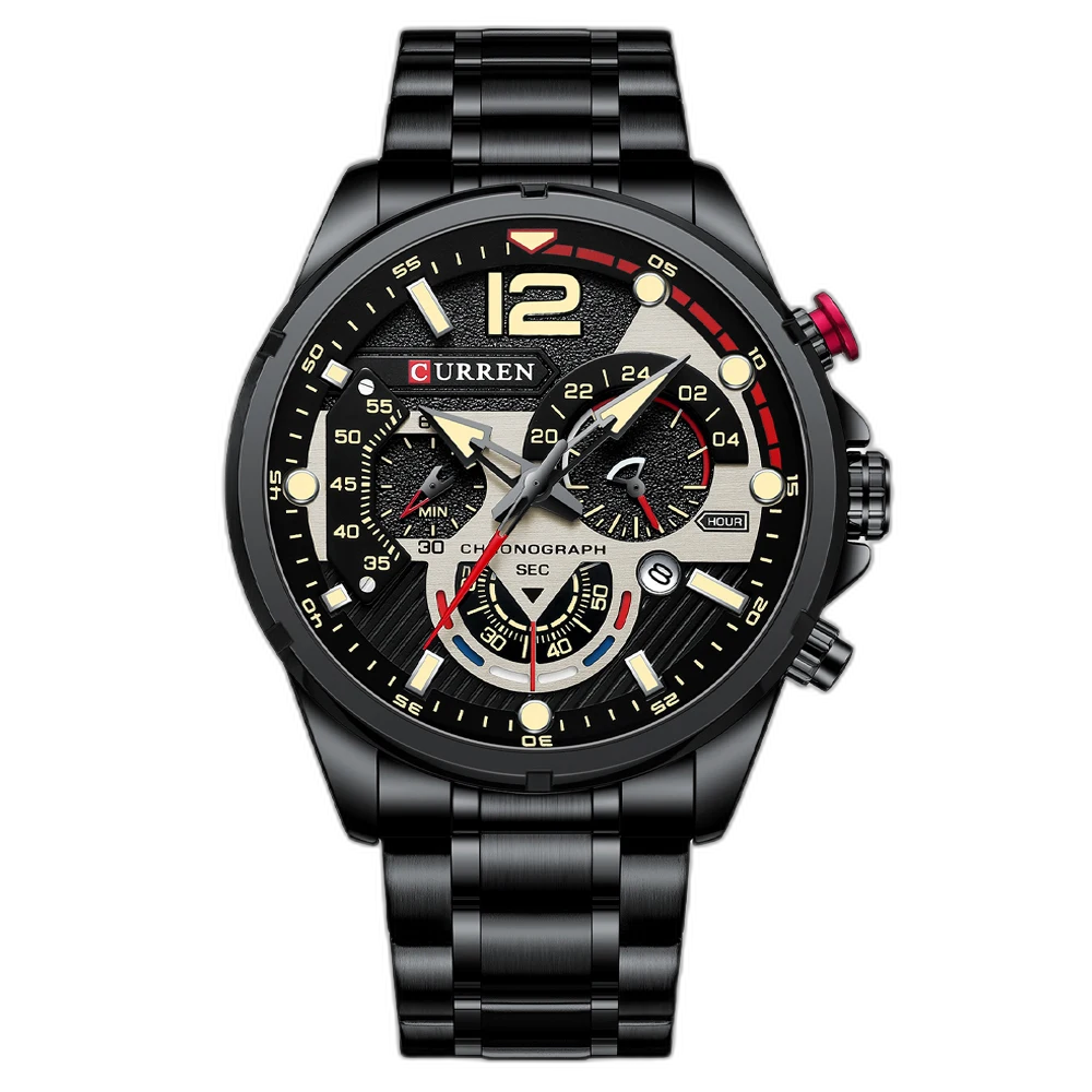 Relógio Masculino Tempuss Striker com pulseira de aço prata e mostrador preto com detalhes prateados. Estilo esportivo e robusto.
