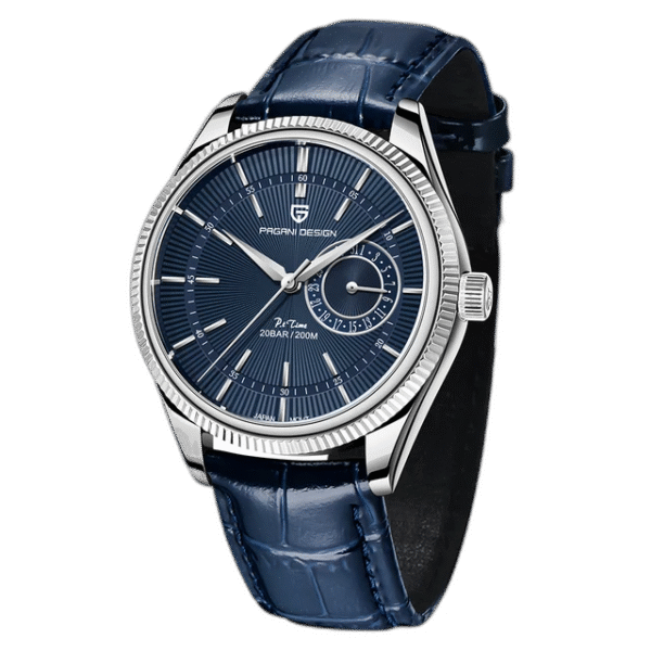 Relógio Masculino Tempuss Élyséon azul com caixa prata e pulseira de couro azul