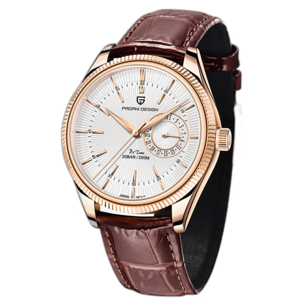 Relógio Masculino Tempuss Élyséon branco com caixa rosé e pulseira de couro marrom