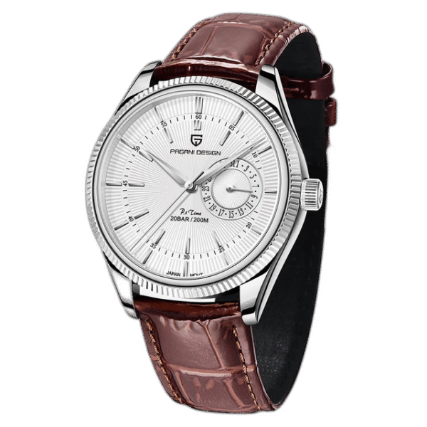 Relógio Masculino Tempuss Élyséon branco com caixa prata e pulseira de couro marrom