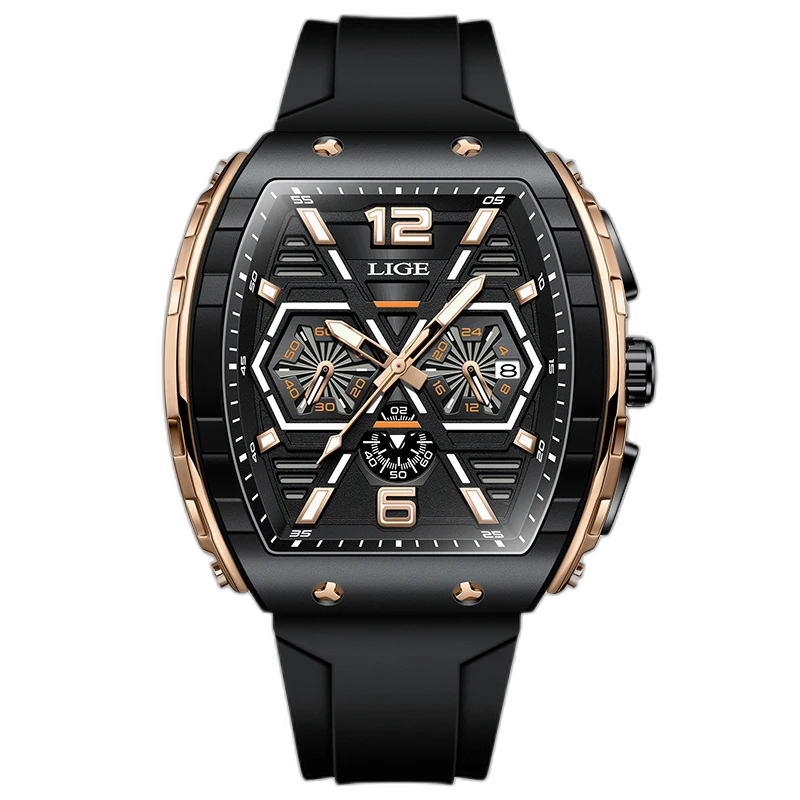 Relógio Masculino Tempuss TitanX preto com detalhes dourado-rosé e pulseira de silicone. Design esportivo futurista.